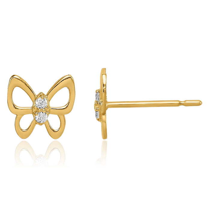 14K Solid Yellow Gold Butterfly Wings Cubic Zirconia CZ Stud Earrings