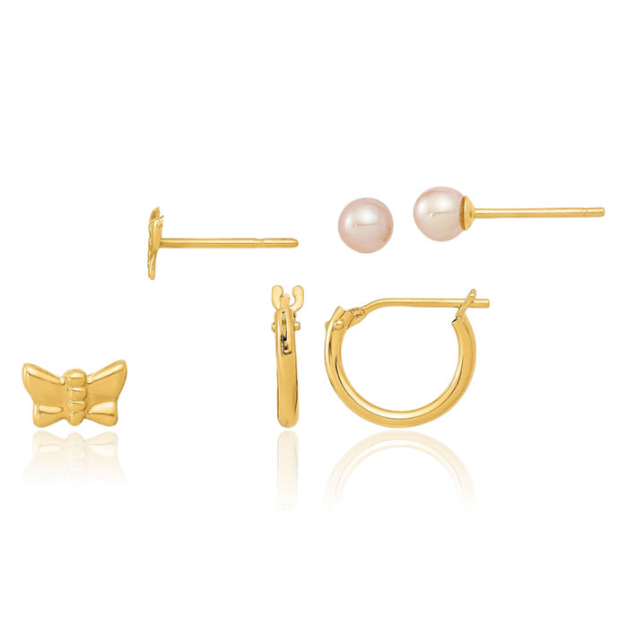 14K Solid Yellow Gold Butterfly Wings Freshwater Cultured Pearl Small Hoop 3 Pair Stud Earrings Set