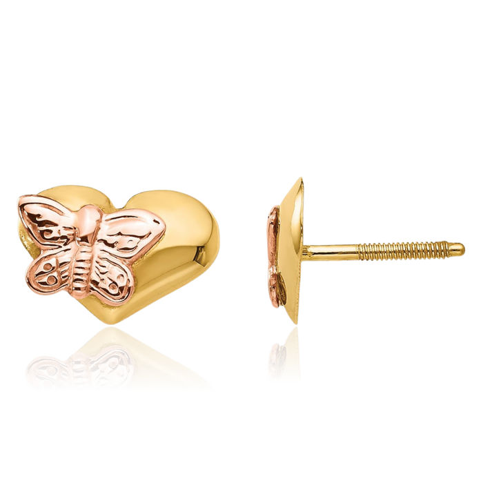 14K Solid Yellow Gold Butterfly Wings Heart Screw Back Stud Earrings