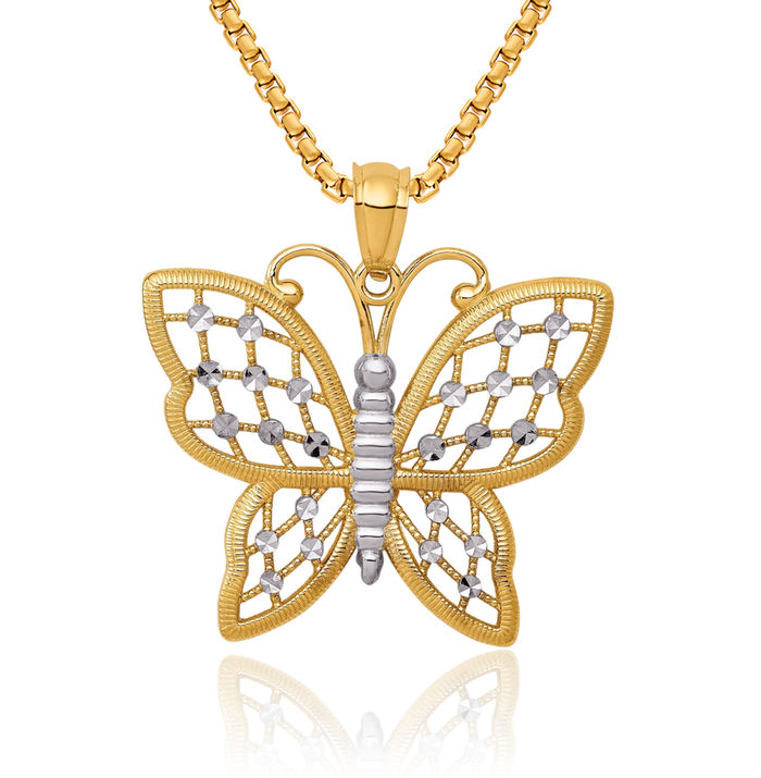 14K Solid Yellow Gold Butterfly Wings Necklace Chain Pendant Charm