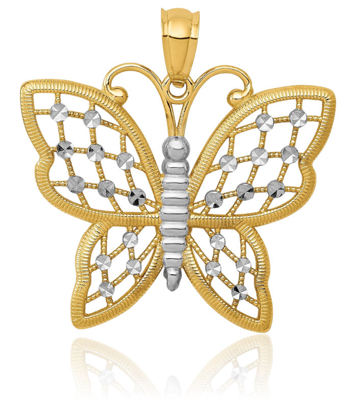 14K Solid Yellow Gold Butterfly Wings Necklace Chain Pendant Charm