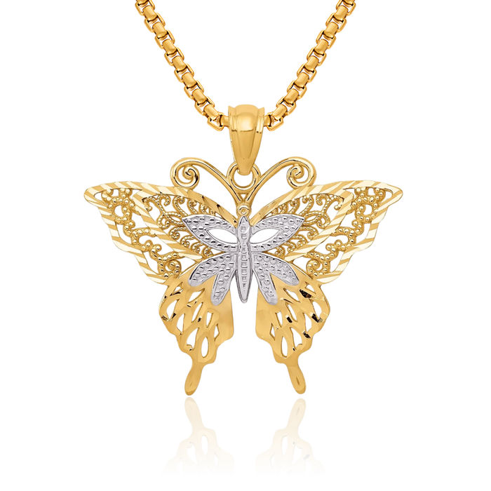 14K Solid Yellow Gold Butterfly Wings Necklace Chain Pendant Charm