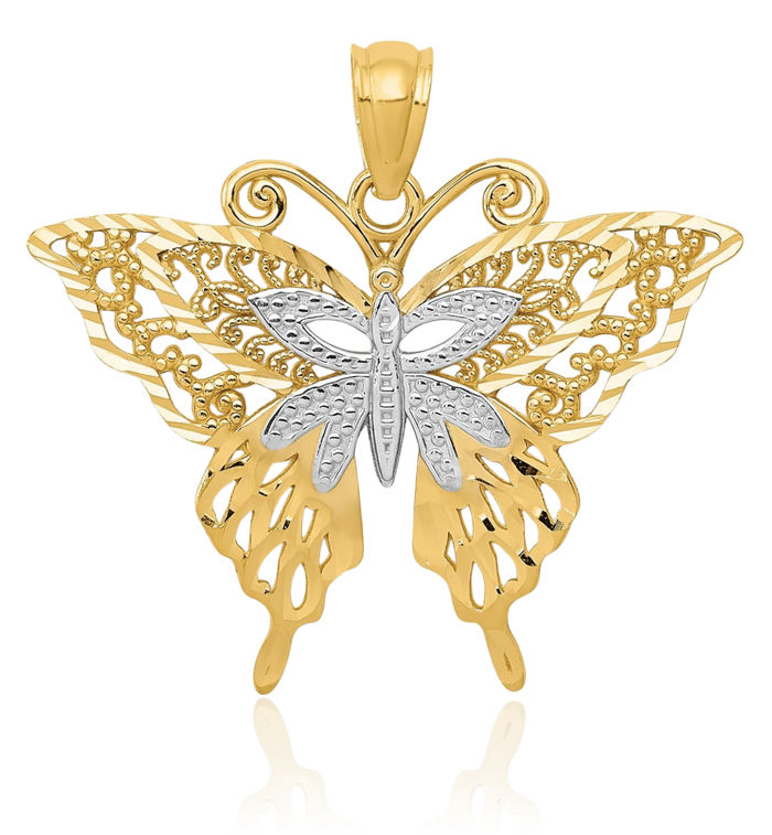 14K Solid Yellow Gold Butterfly Wings Necklace Chain Pendant Charm