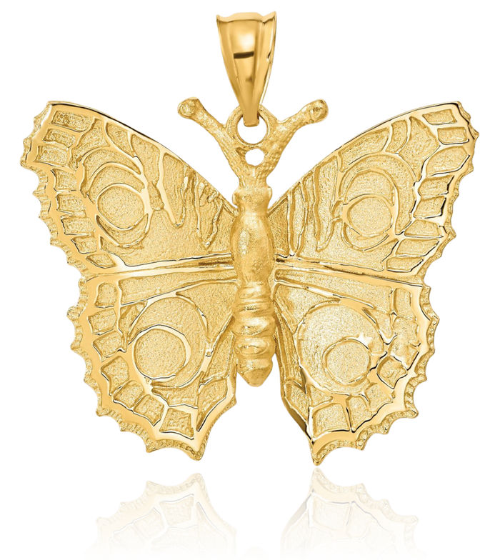 14K Solid Yellow Gold Butterfly Wings Necklace Chain Pendant Charm