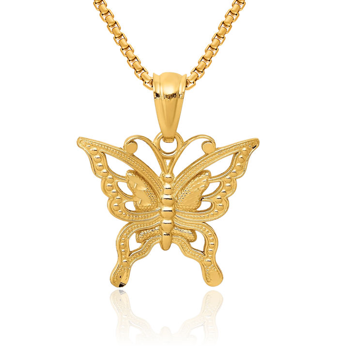 14K Solid Yellow Gold Butterfly Wings Necklace Chain Pendant Charm