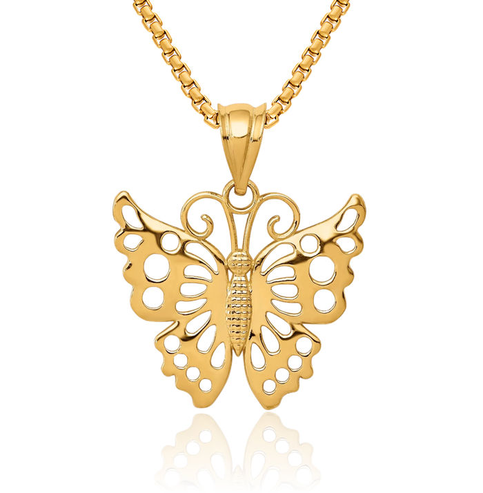 14K Solid Yellow Gold Butterfly Wings Necklace Chain Pendant Charm