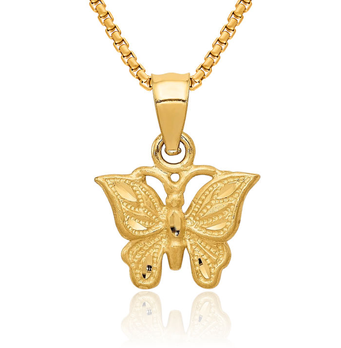 14K Solid Yellow Gold Butterfly Wings Necklace Chain Pendant Charm