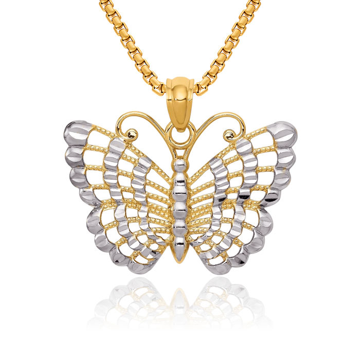 14K Solid Yellow Gold Butterfly Wings Necklace Chain Pendant Charm