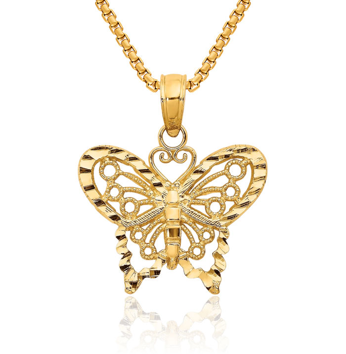 14K Solid Yellow Gold Butterfly Wings Necklace Chain Pendant Charm