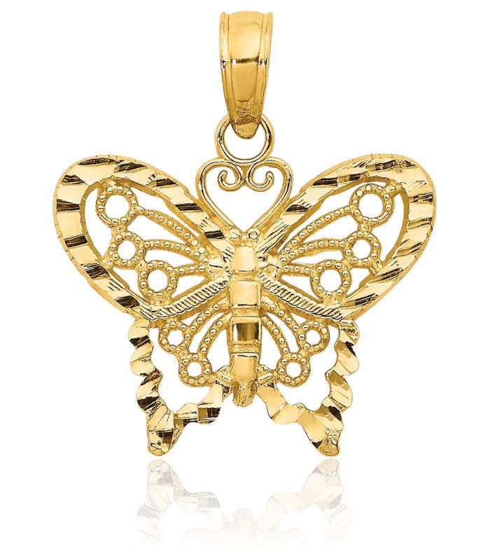 14K Solid Yellow Gold Butterfly Wings Necklace Chain Pendant Charm