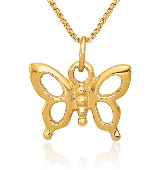 14K Solid Yellow Gold Butterfly Wings Necklace Chain Pendant Charm