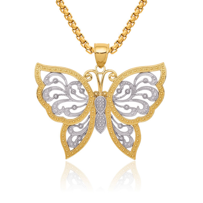 14K Solid Yellow Gold Butterfly Wings Necklace Chain Pendant Charm