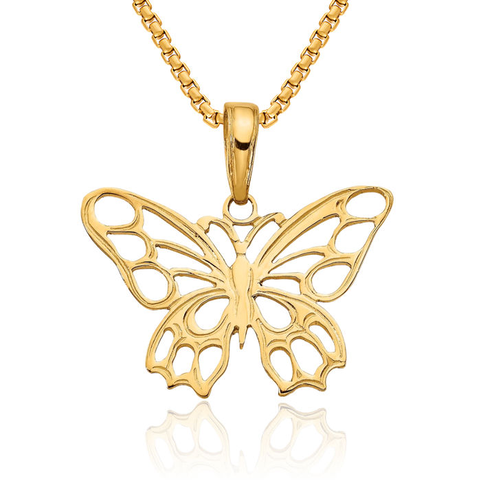 14K Solid Yellow Gold Butterfly Wings Necklace Chain Pendant Charm