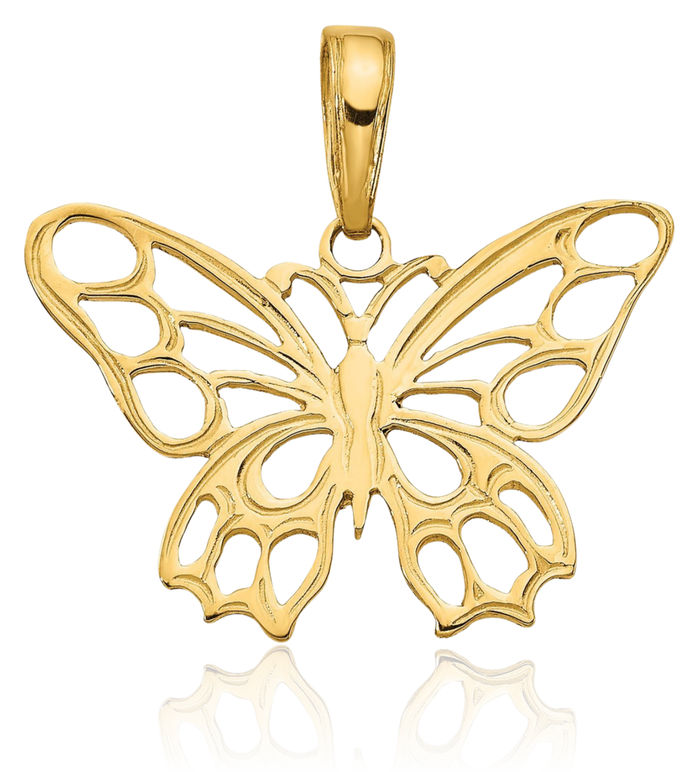 14K Solid Yellow Gold Butterfly Wings Necklace Chain Pendant Charm