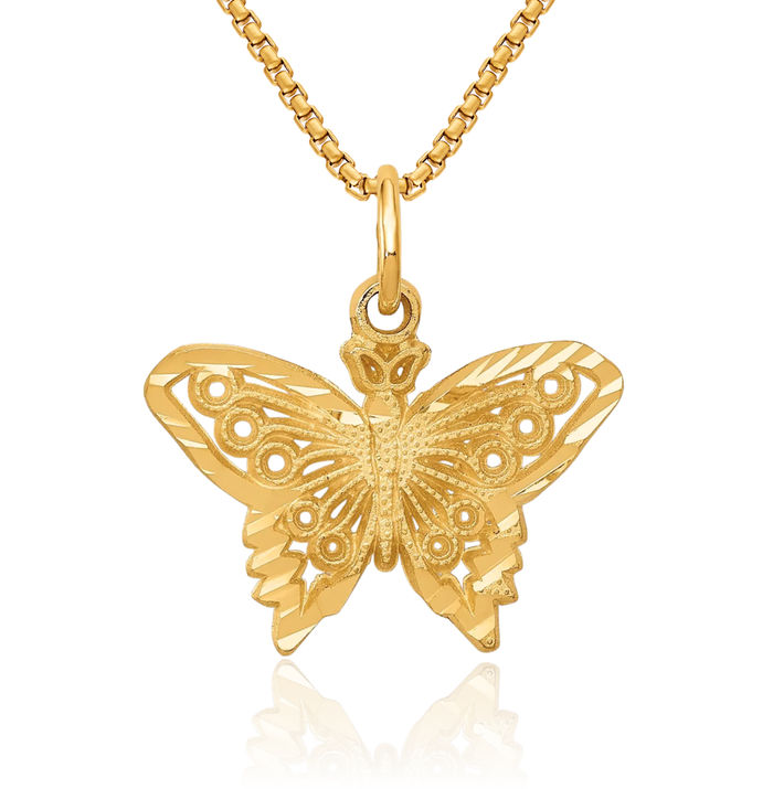 14K Solid Yellow Gold Butterfly Wings Necklace Chain Pendant Charm