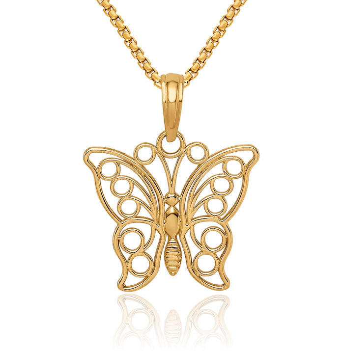 14K Solid Yellow Gold Butterfly Wings Necklace Chain Pendant Charm