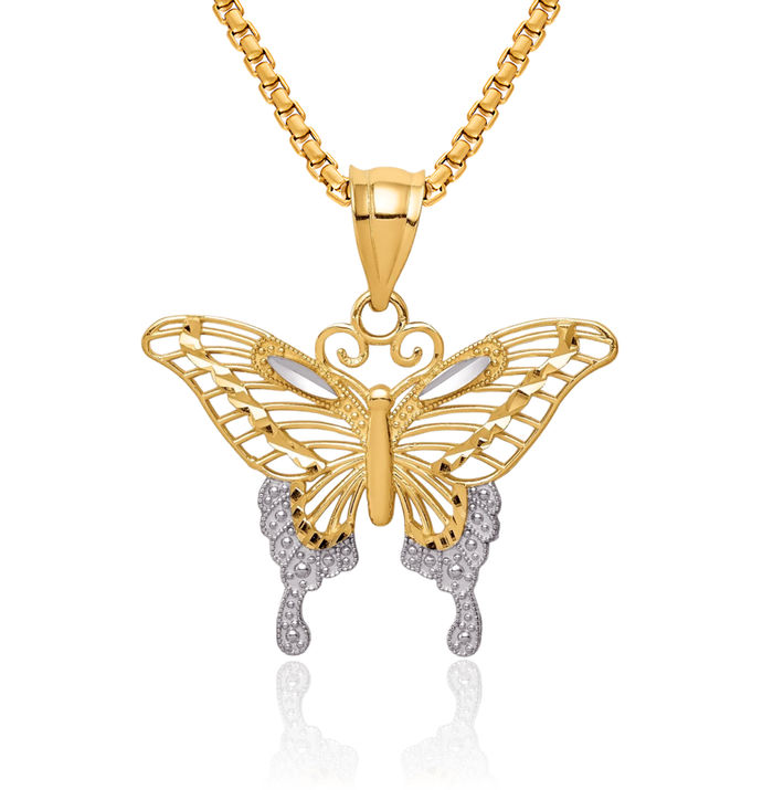 14K Solid Yellow Gold Butterfly Wings Necklace Chain Pendant Charm