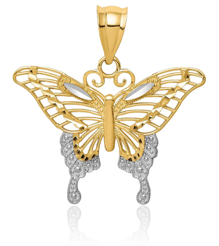 14K Solid Yellow Gold Butterfly Wings Necklace Chain Pendant Charm