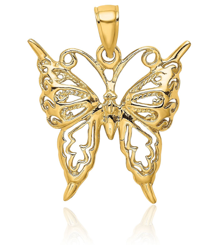 14K Solid Yellow Gold Butterfly Wings Necklace Chain Pendant Charm