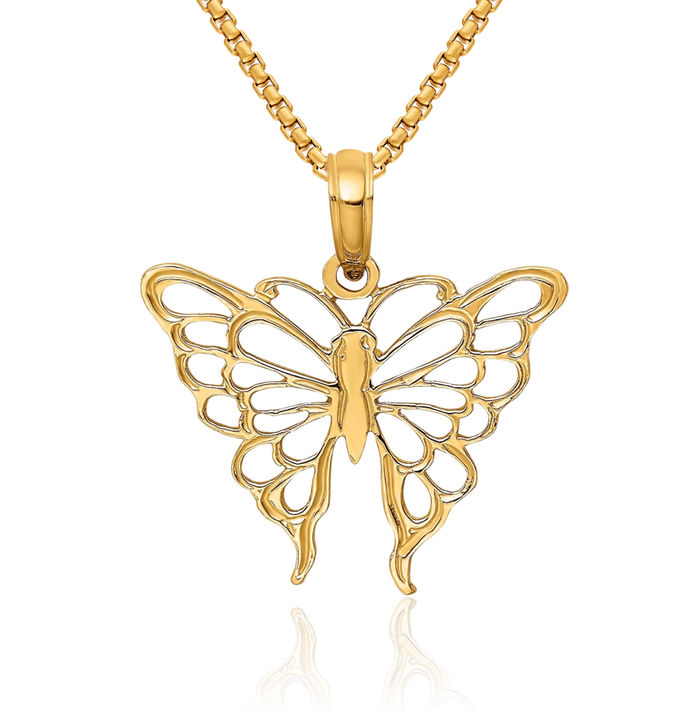 14K Solid Yellow Gold Butterfly Wings Necklace Chain Pendant Charm