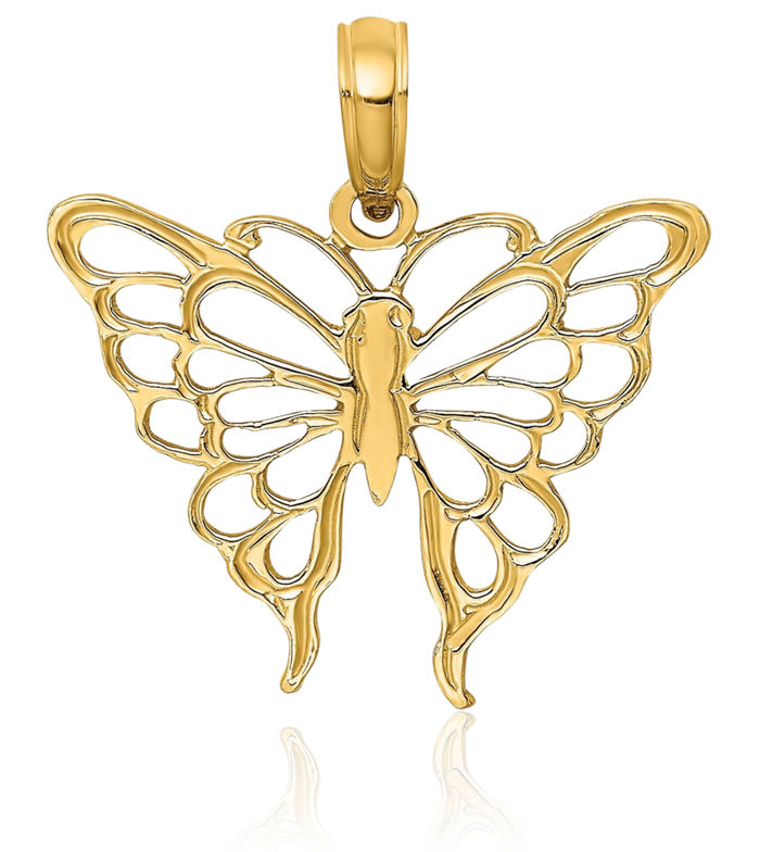 14K Solid Yellow Gold Butterfly Wings Necklace Chain Pendant Charm