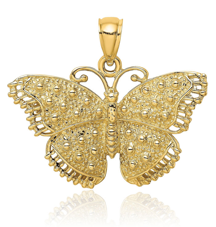 14K Solid Yellow Gold Butterfly Wings Necklace Chain Pendant Charm