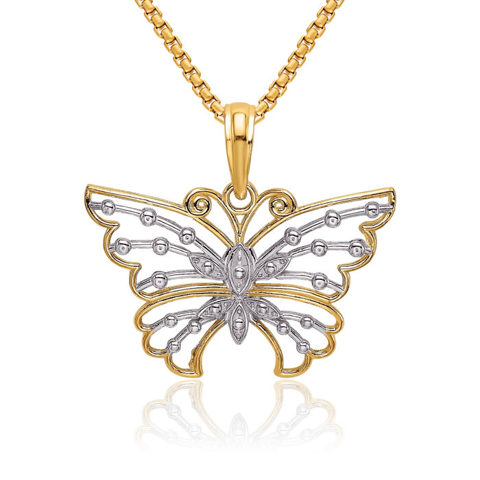 14K Solid Yellow Gold Butterfly Wings Necklace Chain Pendant Charm