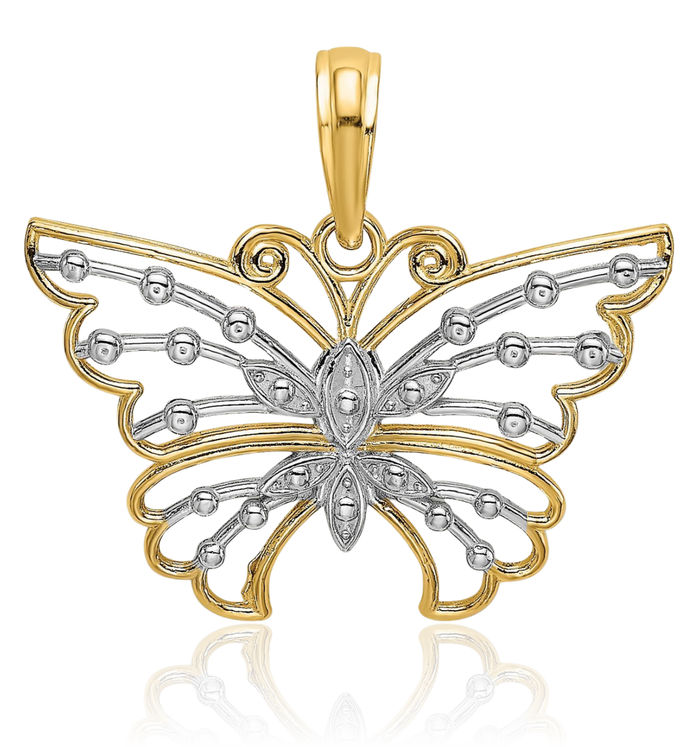 14K Solid Yellow Gold Butterfly Wings Necklace Chain Pendant Charm