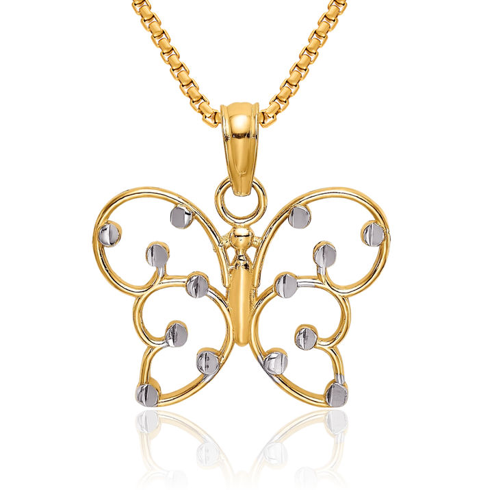 14K Solid Yellow Gold Butterfly Wings Necklace Chain Pendant Charm