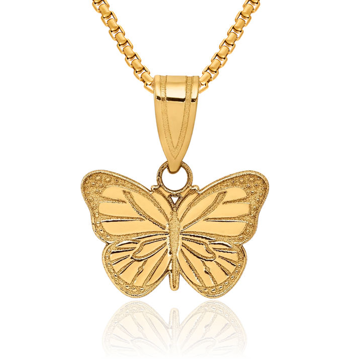 14K Solid Yellow Gold Butterfly Wings Necklace Chain Pendant Charm