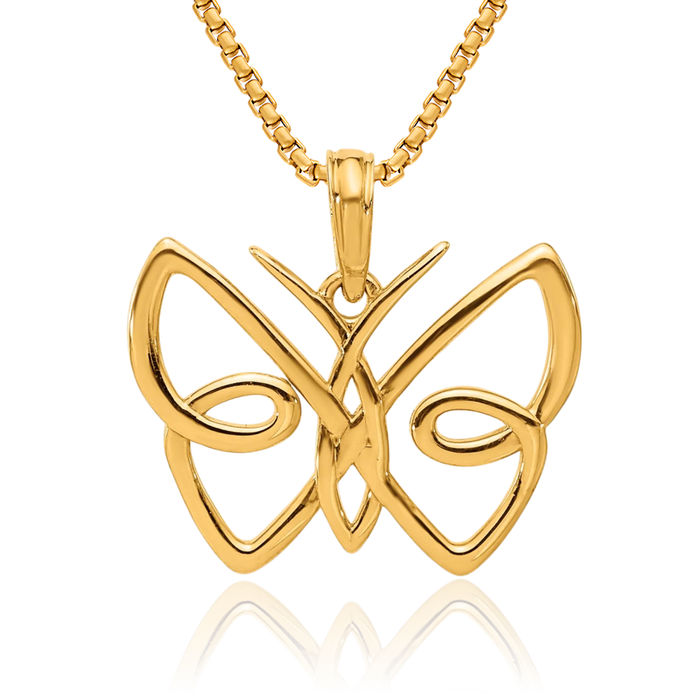 14K Solid Yellow Gold Butterfly Wings Necklace Chain Pendant Charm