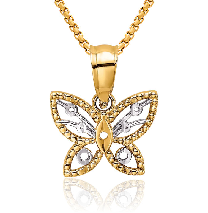 14K Solid Yellow Gold Butterfly Wings Necklace Chain Pendant Charm