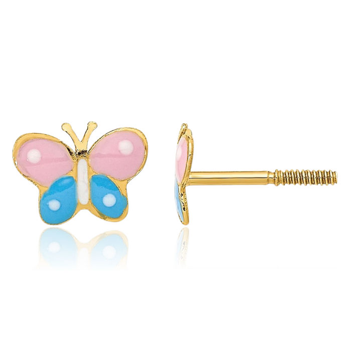 14K Solid Yellow Gold Butterfly Wings Screw Back Stud Earrings