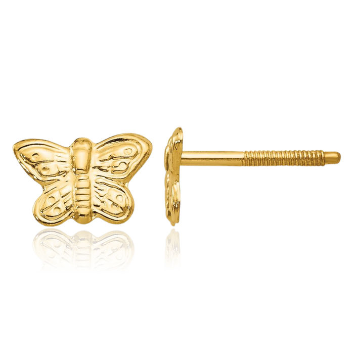 14K Solid Yellow Gold Butterfly Wings Screw Back Stud Earrings