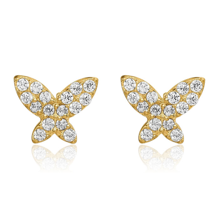 14K Solid Yellow Gold Butterfly Wings Stud Cubic Zirconia CZ Earrings