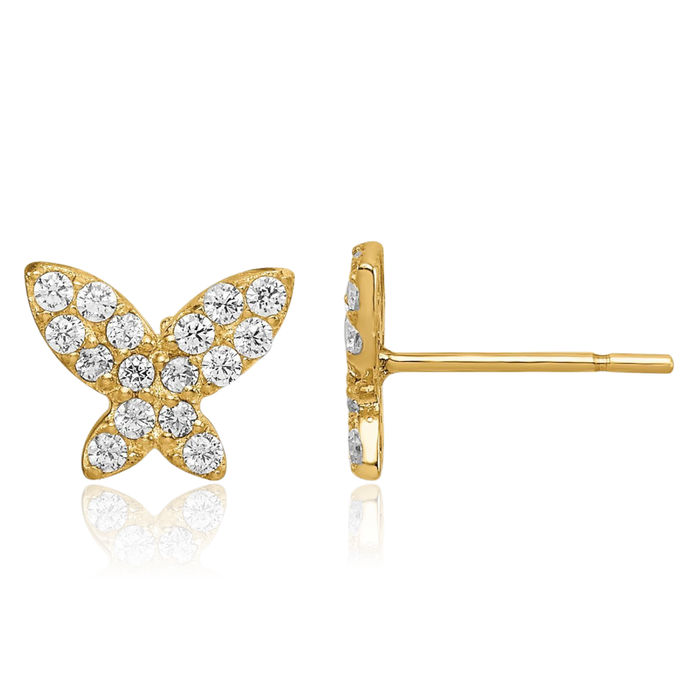 14K Solid Yellow Gold Butterfly Wings Stud Cubic Zirconia CZ Earrings