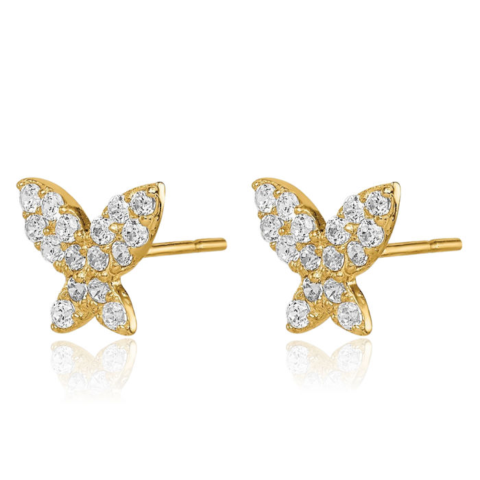 14K Solid Yellow Gold Butterfly Wings Stud Cubic Zirconia CZ Earrings