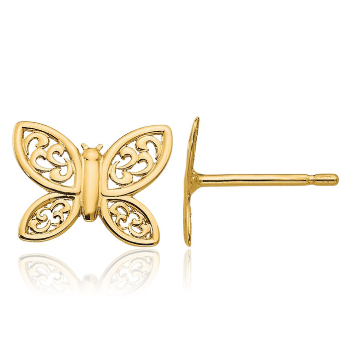 14K Solid Yellow Gold Butterfly Wings Stud Earrings