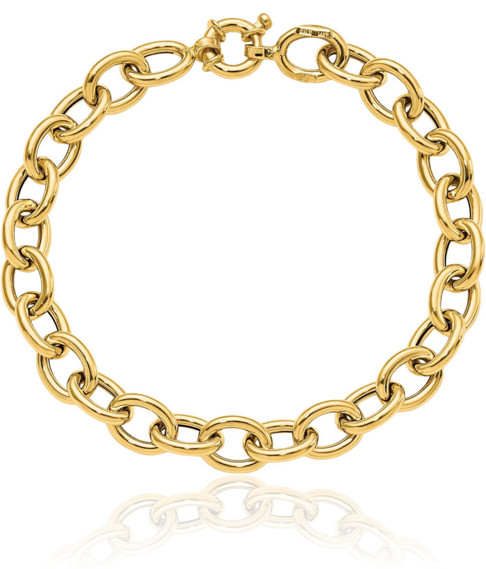 14K Solid Yellow Gold Cable Oval Single Link Chain Charm Bracelet