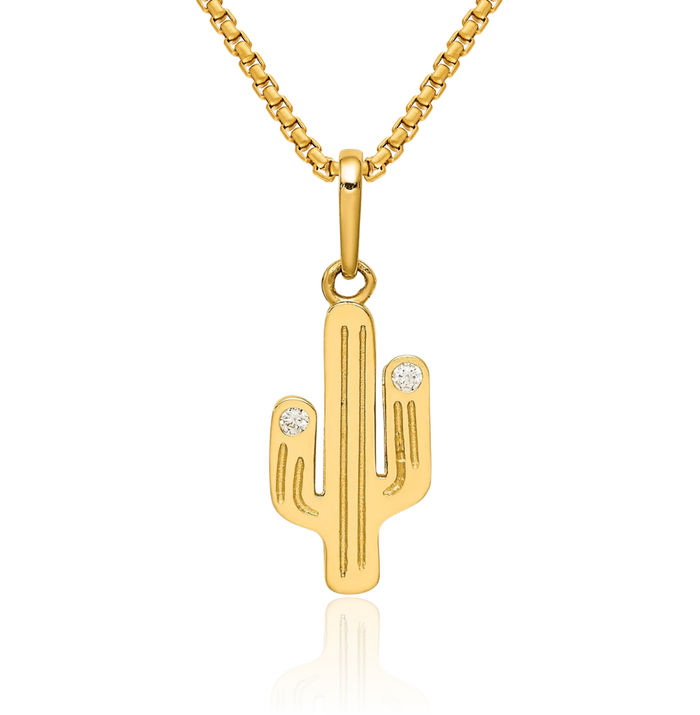 14K Solid Yellow Gold Cactus Cubic Zirconia CZ Necklace Chain Pendant Charm