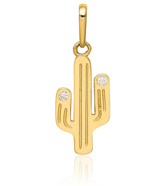 14K Solid Yellow Gold Cactus Cubic Zirconia CZ Necklace Chain Pendant Charm