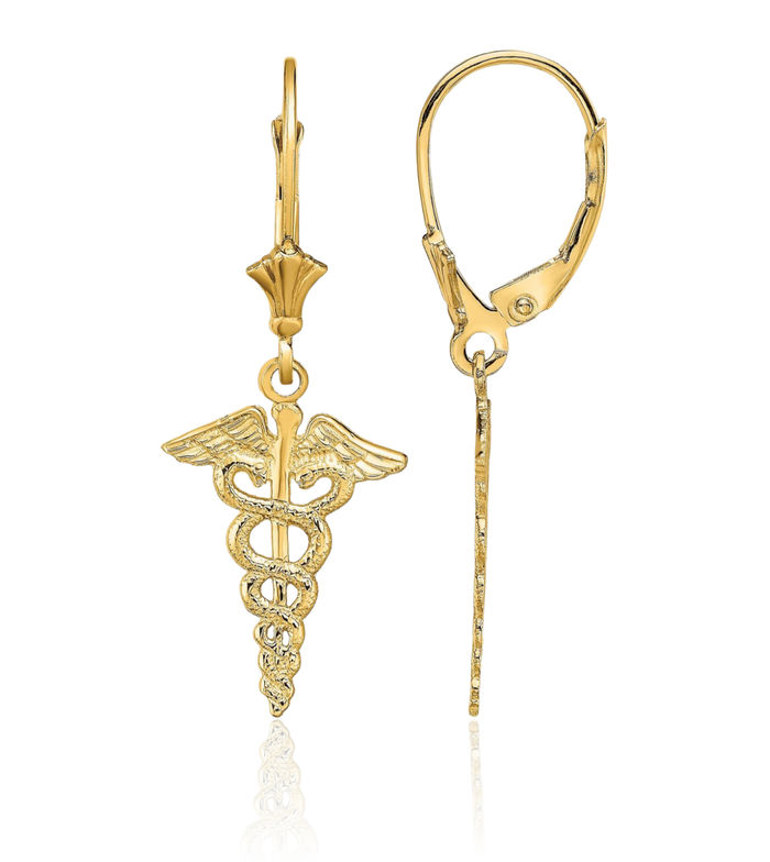 14K Solid Yellow Gold Caduceus Drop Dangle Earrings