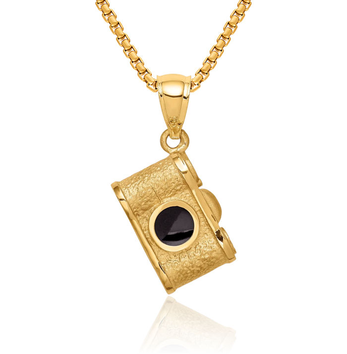 14K Solid Yellow Gold Camera Necklace Chain Pendant Charm