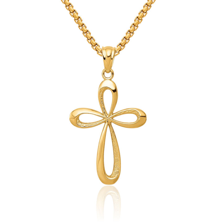 14K Solid Yellow Gold Cancer Awareness Ribbon Holy Cross Necklace Religious Chain Pendant Jesus Christ Charm