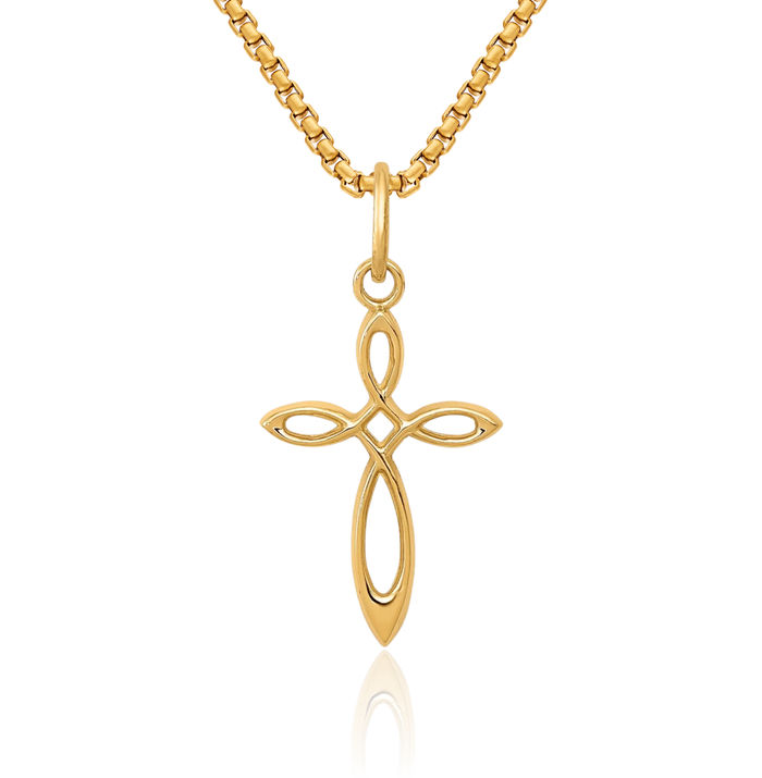 14K Solid Yellow Gold Cancer Awareness Ribbon Holy Cross Necklace Religious Chain Pendant Jesus Christ Charm