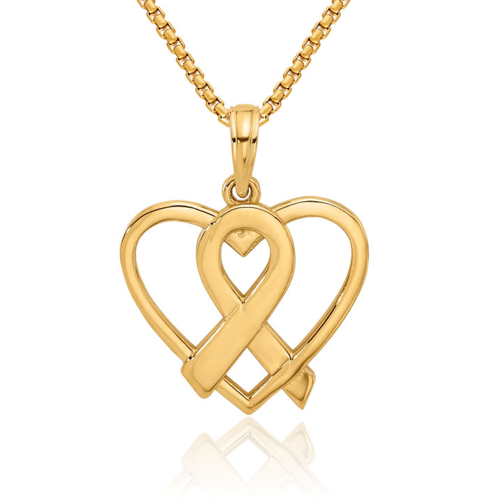 14K Solid Yellow Gold Cancer Awareness Ribbon Heart Necklace Love Pendant Charm