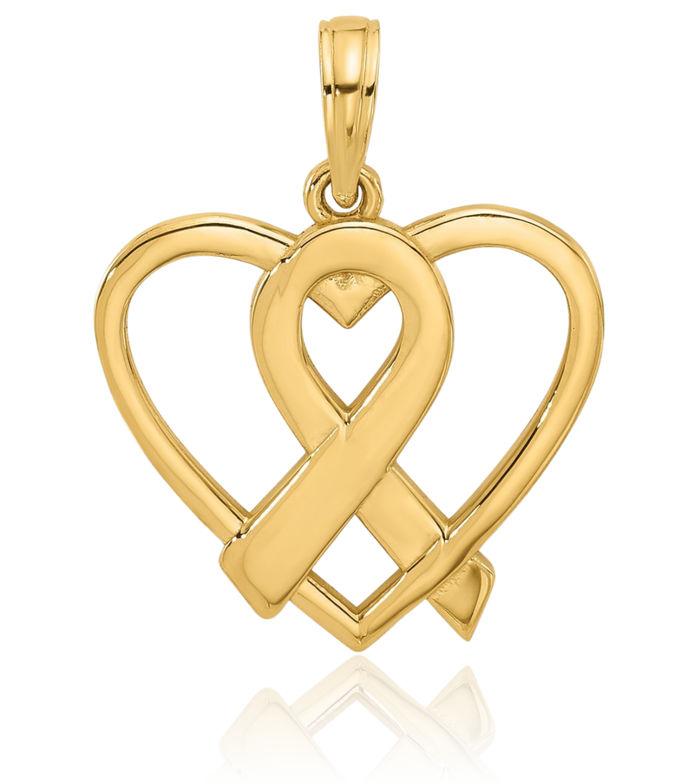 14K Solid Yellow Gold Cancer Awareness Ribbon Heart Necklace Love Pendant Charm