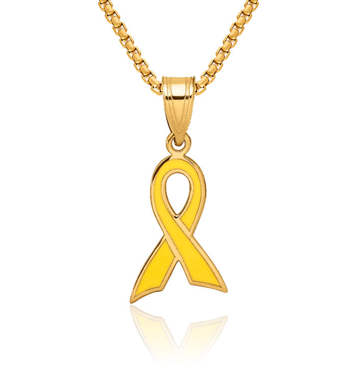 14K Solid Yellow Gold Cancer Awareness Ribbon Necklace Chain Pendant Charm