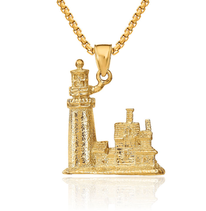 14K Solid Yellow Gold Cape Cod Lighthouse Necklace Chain Pendant Charm