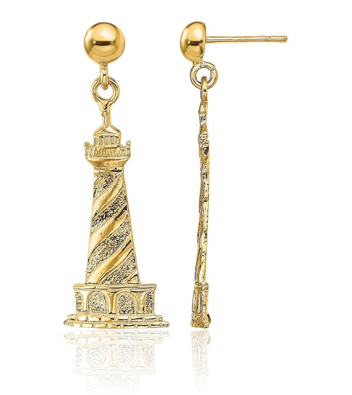 14K Solid Yellow Gold Cape Hatteras Lighthouse Drop Dangle Earrings
